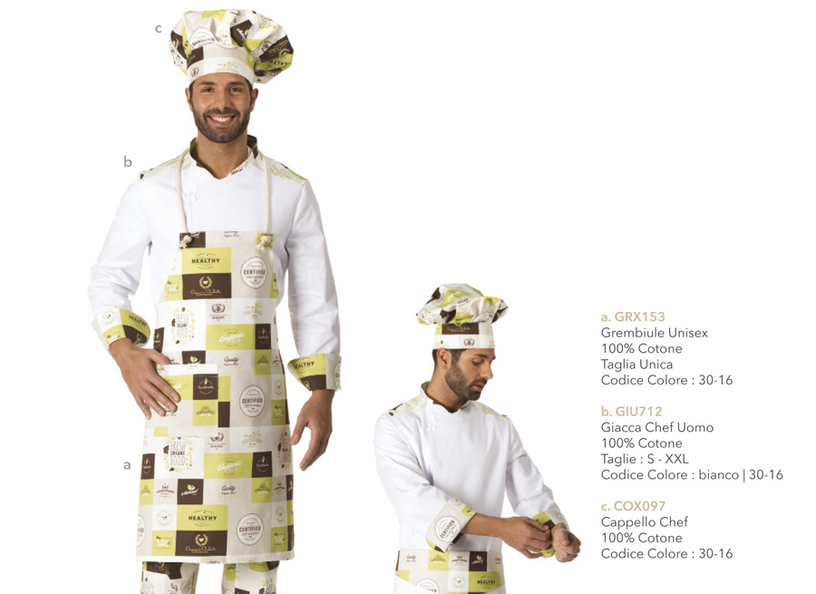 Abbigliamento professionale Chef cuoco ristorante: giacche pantaloni  cappelli grembiuli.